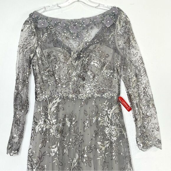 Mac Duggal 67498 Floral Embroidered Illusion Long Sleeve Gown, Sterling, Size 12 - Picture 4 of 11